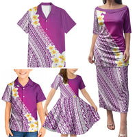 Tahiti Plumeria Tribal Pattern Family Matching Puletasi and Hawaiian Shirt Wave Style Purple LT05 - Polynesian Pride