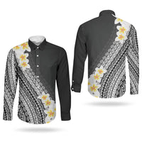 Tahiti Plumeria Tribal Pattern Couples Matching Off Shoulder Maxi Dress and Long Sleeve Button Shirt Wave Style Black LT05 - Polynesian Pride
