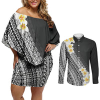 Tahiti Plumeria Tribal Pattern Couples Matching Off Shoulder Short Dress and Long Sleeve Button Shirt Wave Style Black LT05 Black - Polynesian Pride