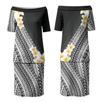 Tahiti Plumeria Tribal Pattern Family Matching Puletasi and Hawaiian Shirt Wave Style Black LT05 Mom's Dress Black - Polynesian Pride