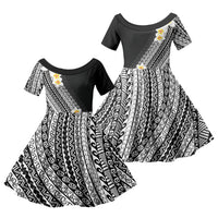 Tahiti Plumeria Tribal Pattern Family Matching Short Sleeve Bodycon Dress and Hawaiian Shirt Wave Style Black LT05 Daughter's Dress Black - Polynesian Pride