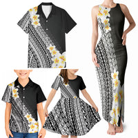 Tahiti Plumeria Tribal Pattern Family Matching Tank Maxi Dress and Hawaiian Shirt Wave Style Black LT05 - Polynesian Pride
