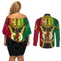 Vanuatu Couples Matching Off Shoulder Short Dress and Long Sleeve Button Shirts Vanuatuan Coat Of Arms Mix Pig Tusk Poynesian Pattern LT05 - Polynesian Pride