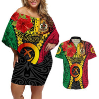 Personalized Vanuatu Couples Matching Off Shoulder Short Dress and Hawaiian Shirt Vanuatuan Coat Of Arms Mix Pig Tusk Poynesian Pattern LT05 Reggae - Polynesian Pride