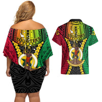 Personalized Vanuatu Couples Matching Off Shoulder Short Dress and Hawaiian Shirt Vanuatuan Coat Of Arms Mix Pig Tusk Poynesian Pattern LT05 - Polynesian Pride