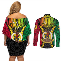 Personalized Vanuatu Couples Matching Off Shoulder Short Dress and Long Sleeve Button Shirts Vanuatuan Coat Of Arms Mix Pig Tusk Poynesian Pattern LT05 - Polynesian Pride