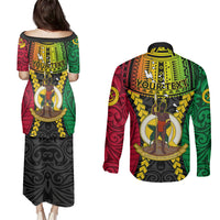 Personalized Vanuatu Couples Matching Puletasi Dress and Long Sleeve Button Shirts Vanuatuan Coat Of Arms Mix Pig Tusk Poynesian Pattern LT05 - Polynesian Pride