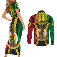 Personalized Vanuatu Couples Matching Short Sleeve Bodycon Dress and Long Sleeve Button Shirts Vanuatuan Coat Of Arms Mix Pig Tusk Poynesian Pattern LT05 - Polynesian Pride