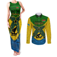 Vanuatu Malampa Province Couples Matching Tank Maxi Dress and Long Sleeve Button Shirts Coat Of Arms And Namele Fern Polynesian Pattern LT05 Yellow - Polynesian Pride