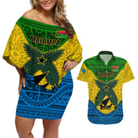 Personalized Vanuatu Malampa Province Couples Matching Off Shoulder Short Dress and Hawaiian Shirt Coat Of Arms And Namele Fern Polynesian Pattern LT05 Yellow - Polynesian Pride