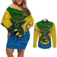 Personalized Vanuatu Malampa Province Couples Matching Off Shoulder Short Dress and Long Sleeve Button Shirts Coat Of Arms And Namele Fern Polynesian Pattern LT05 Yellow - Polynesian Pride