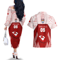 Custom Tonga Rugby Couples Matching Off The Shoulder Long Sleeve Dress and Hawaiian Shirt 2023 Pacific Championships Kupesi Ngatu Mate Maa LT05 - Polynesian Pride