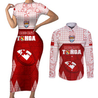 Custom Tonga Rugby Couples Matching Short Sleeve Bodycon Dress and Long Sleeve Button Shirt 2023 Pacific Championships Kupesi Ngatu Mate Maa LT05 Red - Polynesian Pride