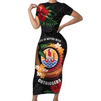 Personalised French Polynesia Outrigger Canoe Race Family Matching Short Sleeve Bodycon Dress and Hawaiian Shirt Tropical Vibe LT05 Mom's Dress Black - Polynesian Pride