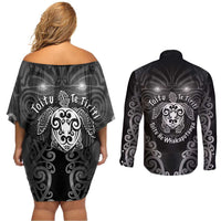 Aotearoa Toitu Te Tiriti Couples Matching Off Shoulder Short Dress and Long Sleeve Button Shirt Ka Mua Ka Muri