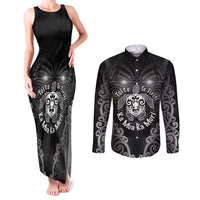 Aotearoa Toitu Te Tiriti Couples Matching Tank Maxi Dress and Long Sleeve Button Shirt Ka Mua Ka Muri LT05 Black - Polynesian Pride