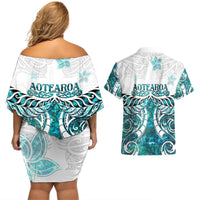 New Zealand Aotearoa Kia Ora Couples Matching Off Shoulder Short Dress and Hawaiian Shirt Paua Shell Maori Silver Fern LT05 - Polynesian Pride