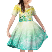 Personalised Cook Islands Kia Orana Family Matching Off Shoulder Long Sleeve Dress and Hawaiian Shirt Polynesian Turtle With Circle Stars LT05 Daughter's Dress Yellow - Polynesian Pride