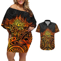New Zealand Tamanuitera The Sun Couples Matching Off Shoulder Short Dress and Hawaiian Shirt Maori Pattern LT05 Orange - Polynesian Pride
