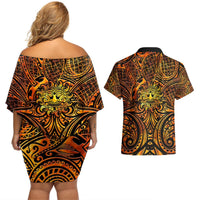 New Zealand Tamanuitera The Sun Couples Matching Off Shoulder Short Dress and Hawaiian Shirt Maori Pattern LT05 - Polynesian Pride