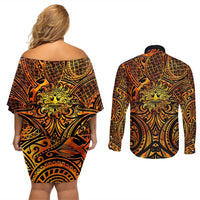 New Zealand Tamanuitera The Sun Couples Matching Off Shoulder Short Dress and Long Sleeve Button Shirt Maori Pattern