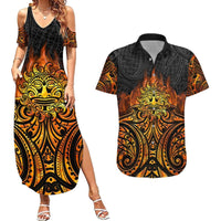 New Zealand Tamanuitera The Sun Couples Matching Summer Maxi Dress and Hawaiian Shirt Maori Pattern LT05 Orange - Polynesian Pride