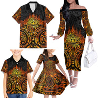 New Zealand Tamanuitera The Sun Family Matching Off The Shoulder Long Sleeve Dress and Hawaiian Shirt Maori Pattern LT05 - Polynesian Pride