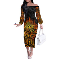 New Zealand Tamanuitera The Sun Family Matching Off The Shoulder Long Sleeve Dress and Hawaiian Shirt Maori Pattern LT05 Mom's Dress Orange - Polynesian Pride