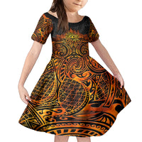 New Zealand Tamanuitera The Sun Family Matching Short Sleeve Bodycon Dress and Hawaiian Shirt Maori Pattern LT05 Daughter's Dress Orange - Polynesian Pride