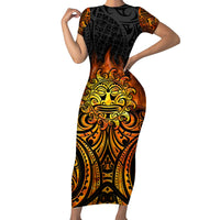 New Zealand Tamanuitera The Sun Family Matching Short Sleeve Bodycon Dress and Hawaiian Shirt Maori Pattern LT05 Mom's Dress Orange - Polynesian Pride