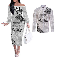 Personalised Polynesia Brain Cancer Couples Matching Off The Shoulder Long Sleeve Dress and Long Sleeve Button Shirt No One Fights Alone