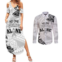 Personalised Polynesia Brain Cancer Couples Matching Summer Maxi Dress and Long Sleeve Button Shirt No One Fights Alone LT05 White - Polynesian Pride