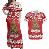 Personalised New Zealand Christmas In July Couples Matching Off Shoulder Maxi Dress and Hawaiian Shirt Maori Kiwi Xmas Tree - Red LT05 Red - Polynesian Pride