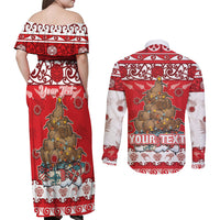 Personalised New Zealand Christmas In July Couples Matching Off Shoulder Maxi Dress and Long Sleeve Button Shirt Maori Kiwi Xmas Tree - Red LT05 - Polynesian Pride