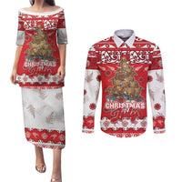 Personalised New Zealand Christmas In July Couples Matching Puletasi and Long Sleeve Button Shirt Maori Kiwi Xmas Tree - Red LT05 Red - Polynesian Pride