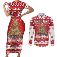 Personalised New Zealand Christmas In July Couples Matching Short Sleeve Bodycon Dress and Long Sleeve Button Shirt Maori Kiwi Xmas Tree - Red LT05 Red - Polynesian Pride