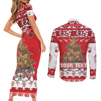 Personalised New Zealand Christmas In July Couples Matching Short Sleeve Bodycon Dress and Long Sleeve Button Shirt Maori Kiwi Xmas Tree - Red LT05 - Polynesian Pride