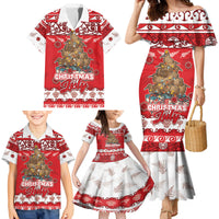 Personalised New Zealand Christmas In July Family Matching Mermaid Dress and Hawaiian Shirt Maori Kiwi Xmas Tree - Red LT05 - Polynesian Pride
