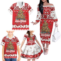 Personalised New Zealand Christmas In July Family Matching Off The Shoulder Long Sleeve Dress and Hawaiian Shirt Maori Kiwi Xmas Tree - Red LT05 - Polynesian Pride