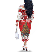 Personalised New Zealand Christmas In July Family Matching Off The Shoulder Long Sleeve Dress and Hawaiian Shirt Maori Kiwi Xmas Tree - Red LT05 - Polynesian Pride