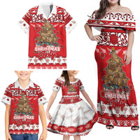 Personalised New Zealand Christmas In July Family Matching Off Shoulder Maxi Dress and Hawaiian Shirt Maori Kiwi Xmas Tree - Red LT05 - Polynesian Pride