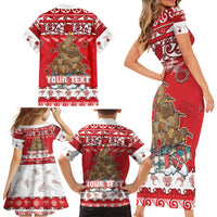 Personalised New Zealand Christmas In July Family Matching Short Sleeve Bodycon Dress and Hawaiian Shirt Maori Kiwi Xmas Tree - Red LT05 - Polynesian Pride