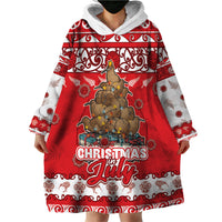 Personalised New Zealand Christmas In July Wearable Blanket Hoodie Maori Kiwi Xmas Tree - Red LT05 - Polynesian Pride