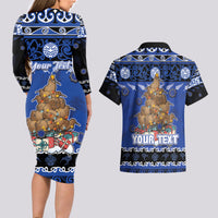 Personalised New Zealand July Christmas Couples Matching Long Sleeve Bodycon Dress and Hawaiian Shirt Maori Kiwi Xmas Tree - Blue LT05 - Polynesian Pride