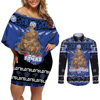 Personalised New Zealand July Christmas Couples Matching Off Shoulder Short Dress and Long Sleeve Button Shirt Maori Kiwi Xmas Tree - Blue LT05 Blue - Polynesian Pride