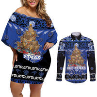 Personalised New Zealand July Christmas Couples Matching Off Shoulder Short Dress and Long Sleeve Button Shirt Maori Kiwi Xmas Tree - Blue LT05 Blue - Polynesian Pride
