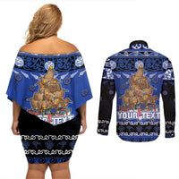 Personalised New Zealand July Christmas Couples Matching Off Shoulder Short Dress and Long Sleeve Button Shirt Maori Kiwi Xmas Tree - Blue LT05 - Polynesian Pride