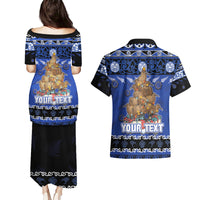 Personalised New Zealand July Christmas Couples Matching Puletasi and Hawaiian Shirt Maori Kiwi Xmas Tree - Blue LT05 - Polynesian Pride