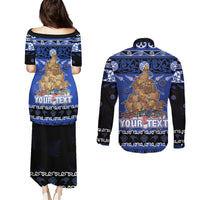 Personalised New Zealand July Christmas Couples Matching Puletasi and Long Sleeve Button Shirt Maori Kiwi Xmas Tree - Blue LT05 - Polynesian Pride