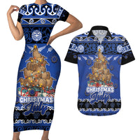 Personalised New Zealand July Christmas Couples Matching Short Sleeve Bodycon Dress and Hawaiian Shirt Maori Kiwi Xmas Tree - Blue LT05 Blue - Polynesian Pride